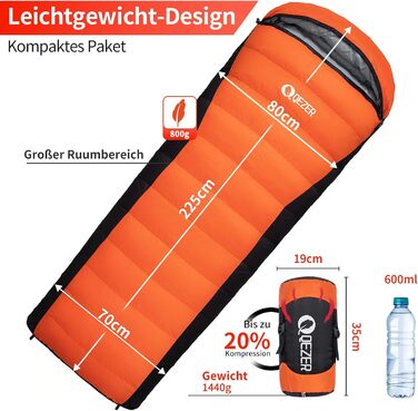 Пуховий спальний мішок, зимовий спальний мішок, преміум-пух 600FP, від 12C до -24C, легкий та теплий на 3-4 сезони, для кемпінгу, походів та трекінгу на природі, помаранчевий, 7C