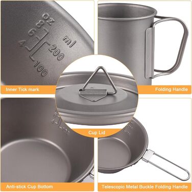 Портативний кемпінговий посуд Doorslay, титанова чашка, чаша Spork, набір із 3 предметів, набір для кави на відкритому повітрі, набір для пікніка, складний для кемпінгу, походів