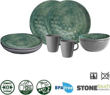 Набір посуду для кемпінгу BRUNNER з меламіну на 2-4 особи (набір 8, 12, 16 або 36 предметів) - венеціанський морський зелений - високоякісний, нековзний набір Tte--Tte з 8 предметів