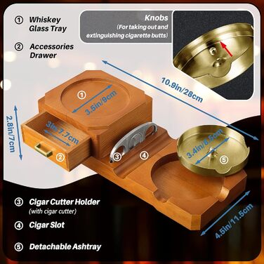 Подарунковий набір попільничок для сигар Grovind з різаком для сигар, скляним підносом для віскі та дерев'яною попільничкою Зовнішня попільничка для сигарет, аксесуари для сигар Чудова прикраса для домашнього офісу сигар золотисто-жовтого кольору