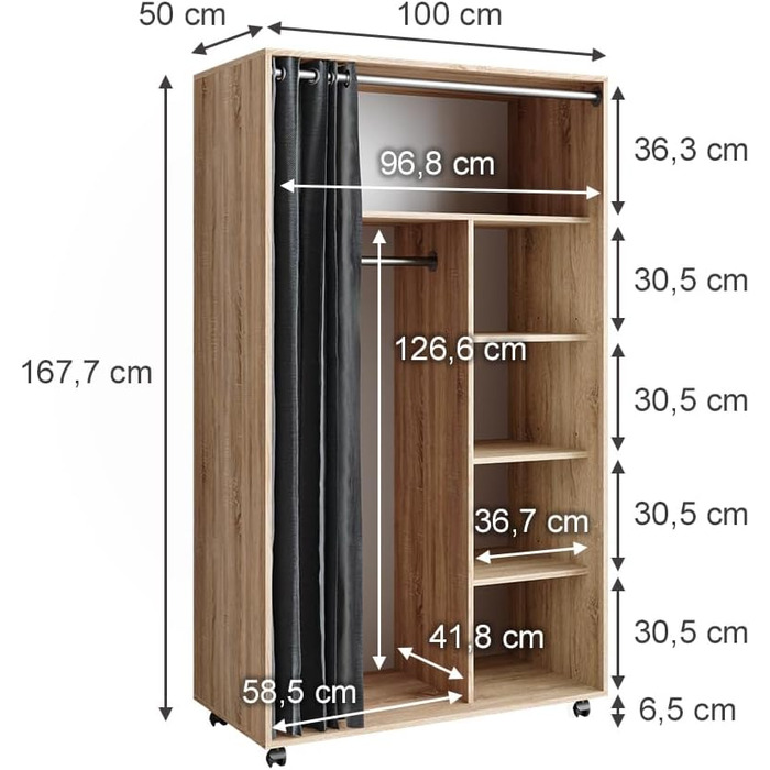 Шафа Vicco Doros, шафа з орними дверима, Сонома, 100 x 168 см відкрита, з колесами Sonoma 100x168 см