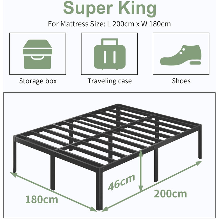 Металеве ліжко 180x200 см з круглими ніжками, висота 46 см, каркас двоспального ліжка з металевою рейковою основою, чорний колір 180 x 200 см 46 см