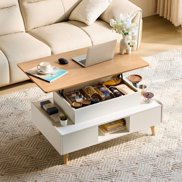 Журнальний столик з регульованою висотою та місцем для зберігання, стіл для вітальні з 2 великими шухлядами, диванний столик 60 x 100 см