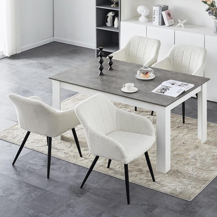 Обідні стільці CLIPOP, Комплект з 4 предметів, Крісла, Сидіння Teddy Boucle Beige, М&39які стільці для їдальні, кухні, вітальні (4, Boucle Beige) Комплект з 4 предметів Boucle Fog White