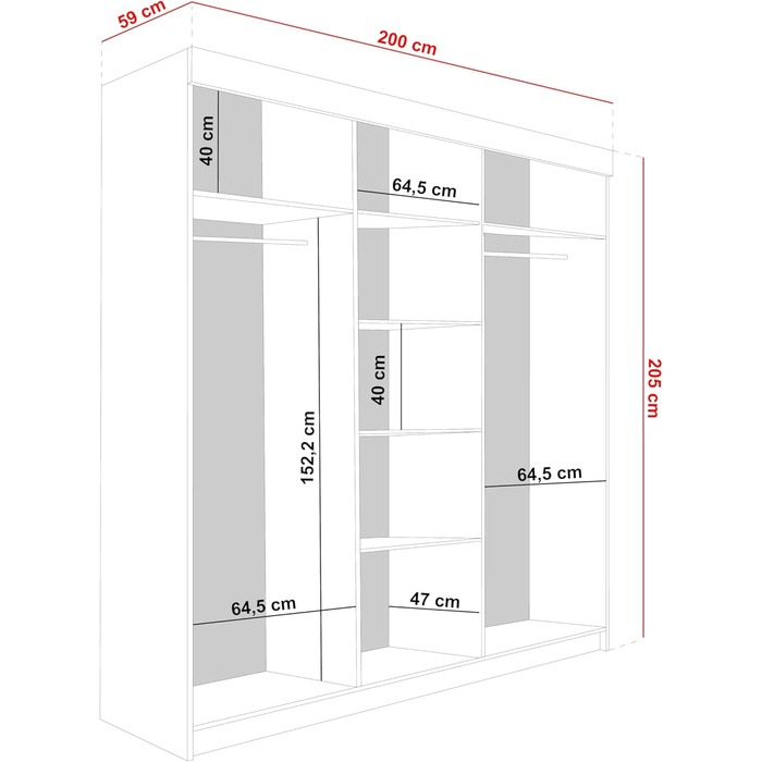 Білл Шафа Спальня Вішалка для одягу Шафа для спальні Маленька шафа Шафи 200x205x59 см Шафа Біла 200x205x59 см Біла