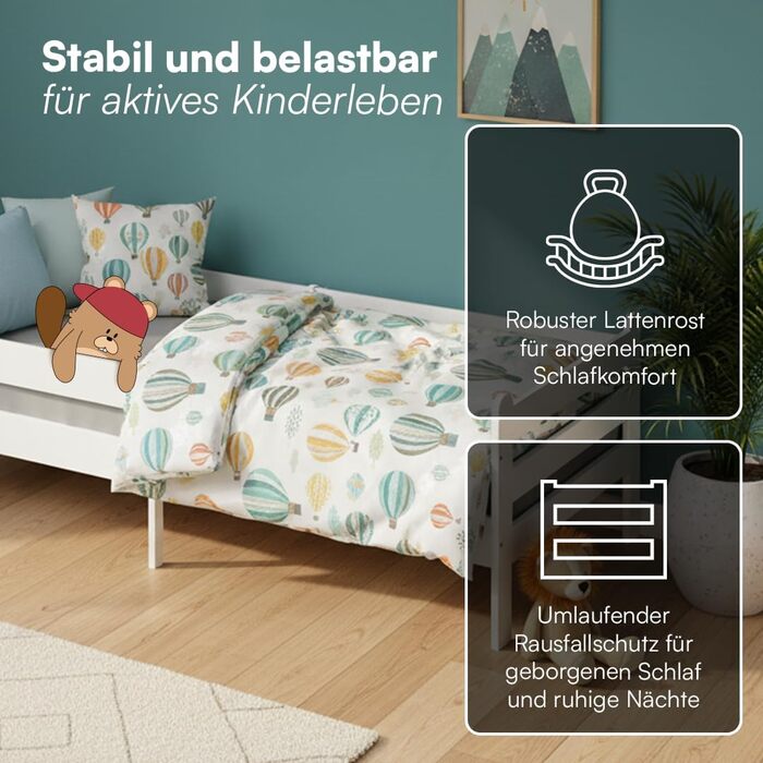 Дитяче ліжко Bellabino Kuru 90x200 см Дитяче ліжко із захистом від падіння та рейковою основою Дитяче ліжко з місцем для зберігання Дитяче ліжко з дерева Односпальне ліжко для хлопчиків та дівчаток для дитячих кімнат білого кольору без шухляд, матрац не в