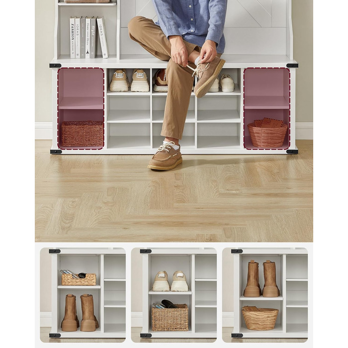 Вішалка для одягу, Шафа, Меблі для входу з полицею для взуття, Регульовані полиці, 20 відкритих відділень, 6 потрійних гачків, Сільський стиль, Окремостояча, Для вхідної зони, Коридор, Хмарно-білий HSR440W03