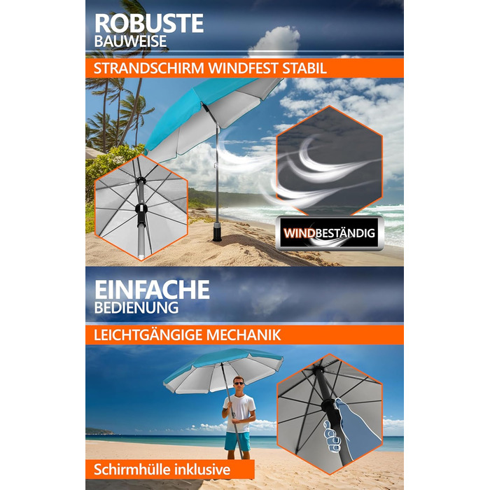 Пляжна парасолька 4smile SunnyJoy, бірюзовий колір - пляжна парасолька UPF 50 Ø 200 см, надійний захист від сонця, вітронепроникна та стійка - парасолька із захисним чохлом, комплект із 2 шт. - 1 x парасолька чохол Ø 200 см, бірюзовий колір