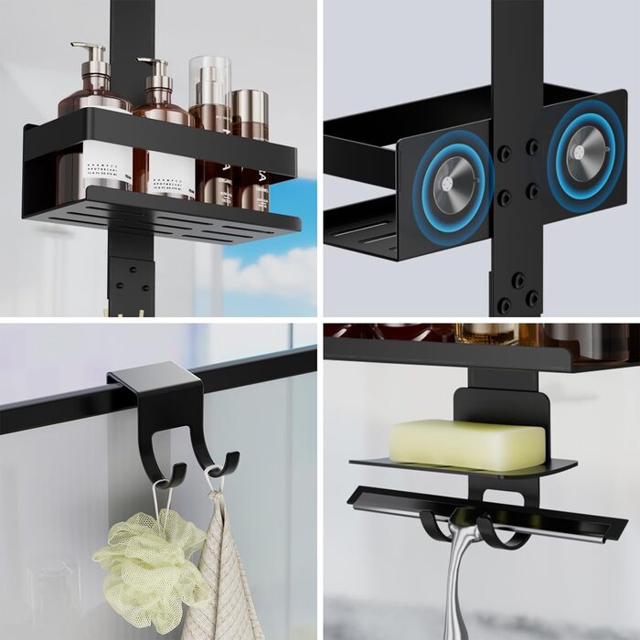 Полиця для душу без свердління, органайзер для ванної кімнати, підвісна полиця для душу для скляних дверей, тримач для шампуню, чорна полиця для ванної кімнати