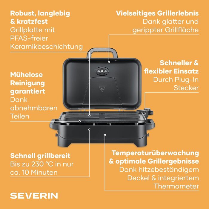 Настільний електрогриль Severin PG 8597 з кришкою, 2300 Вт, керамічне покриття, термометр, робоча поверхня 45x30 см, матовий чорний