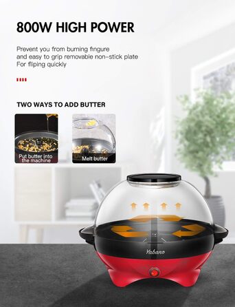 Машина для попкорну Yabano для дому, машина для виготовлення з цукром та олією, знімна нагрівальна поверхня, поппер для попкорну 5 л, антипригарне покриття, велика кришка як сервірувальна страва, компактне зберігання червоне