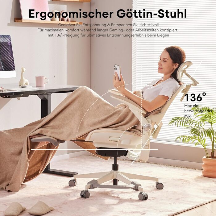 Ергономічне офісне крісло MUSSO E80 Muse FemmePosture для жінок - нахил 135 та 3D-підтримка попереку, підголівник 17 см 4D, висувна підставка для ніг, регулювання глибини/висоти сидіння, регульовані підлокітники (бежевий)