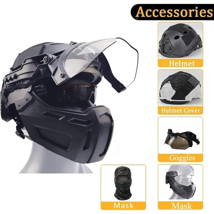 Шолом TS TAC-SKY Fast Airsoft з маскою та пейнтбольними окулярами, комплект із 5 предметів для тактичного спорядження для активного відпочинку, CBQ, косплею, полювання, тактичного шолома (A)