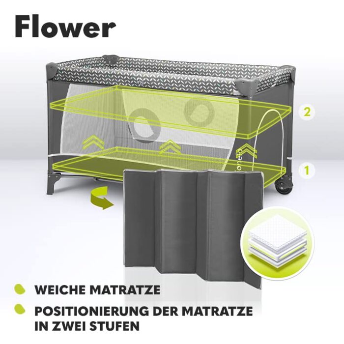 Дитяче ліжечко Lionelo Flower 4-в-1 з боковим входом, пеленальний столик, два рівні висоти підвіски матраца, арка для іграшок з фігурками, колеса, сумка для перенесення, сірий колір