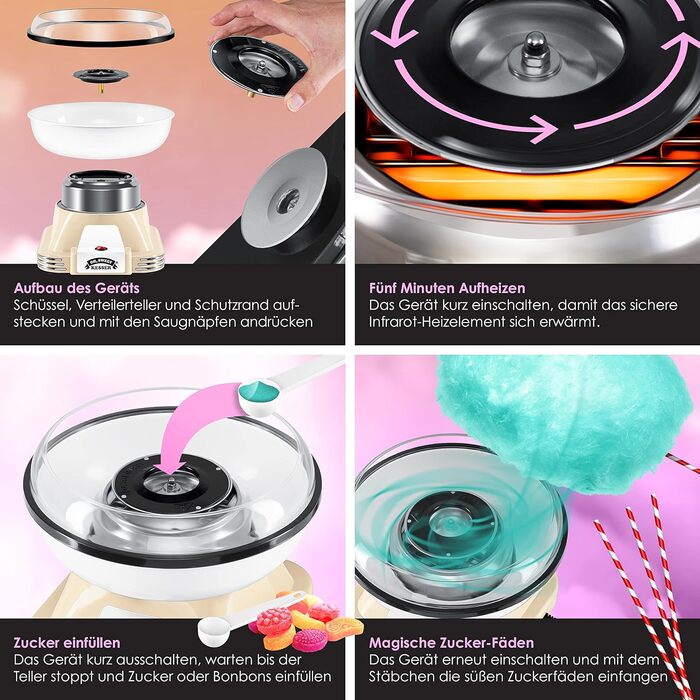 Набір машин для виробництва солодкої вати KESSER для вашого дому - З 30 паличками солодкої вати та мірною ложкою - Ретро машина для виробництва солодкої вати - Машина для виробництва солодкої вати з аксесуарами - Висота 22 см - 500 Вт Кремовий Білий Кремо