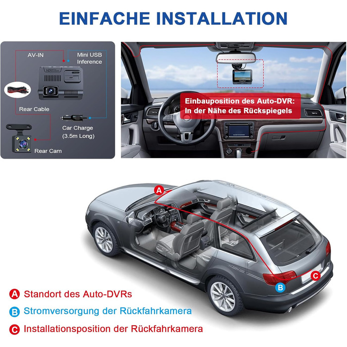 Відеореєстратор автомобільний передній задній з 64GB SD картою, 4.3-дюймовий IPS екран автомобільної камери 1080P FHD відеореєстра