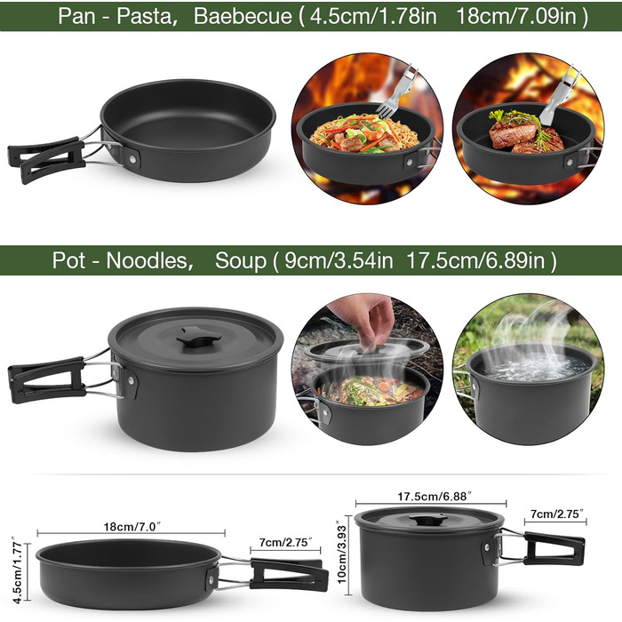 Набір посуду для кемпінгу та пікніка, 14 предметів каструлі, сковорода, чайник та столові прибори