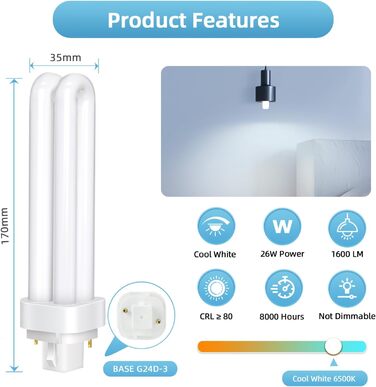 Контактні лампи PLC Tube 26W, холодне біле світло 6500K, 1600LM, 2U подвійна обертова трубка, високоефективна люмінесцентна лампа з низьким споживанням, підходить для кухні, їдальні, офісу, 24d-3 2-