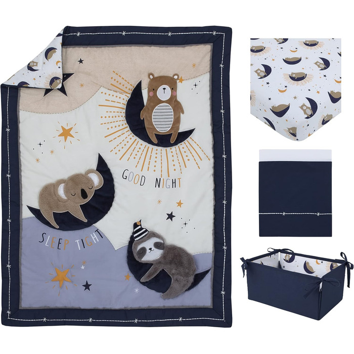Комплект постільної білизни для дитячого ліжечка NoJo Goodnight Sleep Tight, коала, лінивець, ведмідь, зірка і місяць, 4 предмета,