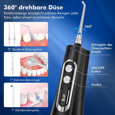 Бездротовий електричний очищувач зубів Oral Irrigator - DIHOOM 300ML Water Flosser 9 Mod & 4 насадки, зарядний пристрій USB водонепроникний IPX7, Стоматологічний іригатор Переможець тесту іригатора для дому та подорожей (чорний)