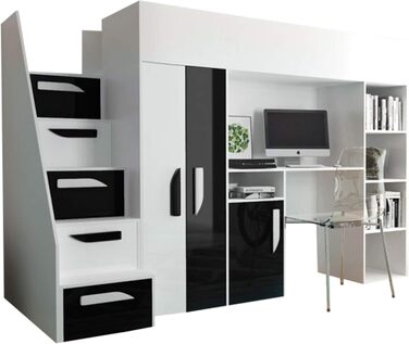 Двох'ярусне дитяче ліжко Hula 14 Двох'ярусне ліжко з шафою, письмовим столом і сходами, на вибір кольору, дитяче ліжко (білий/біли