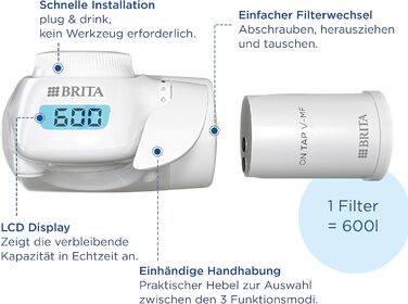 Фільтр для води BRITA для крана ON TAP Pro V-MF вкл. 1 фільтруючий картридж (600 л) - зменшує 99,99 бактерій, хлору, мікропластику та важких металів / цифровий РК-дисплей показує залишок ємності.