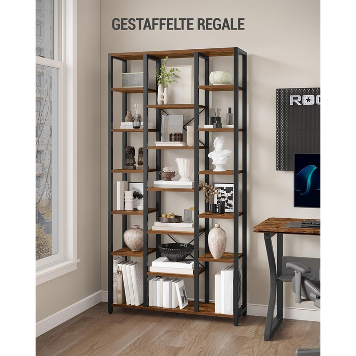 Книжкова полиця Hzuaneri, стояча полиця з 7 рівнями та 18 полицями, регульовані відкриті полиці, для вітальні, офісу, спальні, 30 x 100 x 202 см, вінтажний коричнево-чорний, BC15601B 30 x 100 x 202 см вінтажний коричнево-чорний