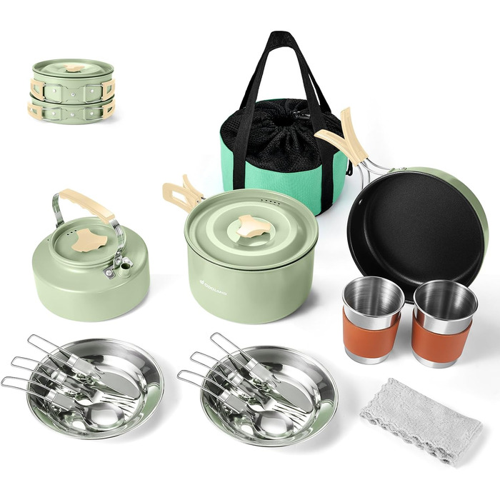 Набір посуду для кемпінгу Odoland з антипригарним покриттям, каструлями та сковорідками з чайником, мірним набором для посуду з нержавіючої сталі, чашками, тарілками, ножами, ложками, виделками для приготування їжі на свіжому повітрі, набір антипригарного