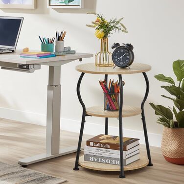 Круглий журнальний столик, 3-ярусний вінтажний журнальний столик, невеликий з міцним металевим каркасом, тумбочка біля ліжка, невеликий круглий диванний столик для вітальні, спальні, балкону, 40 x 40 x 55 см (дуб).