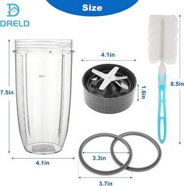 Запасні частини блендера DRELD з 5 предметів, сумісні з блендером NutriBullet Juicer 600 Вт/900 Вт, з кухлем 132 унції, 1запасним лезом екстрактора, 2гумовими ущільнювачами, 1щіткою, аксесуарами Nutribullet