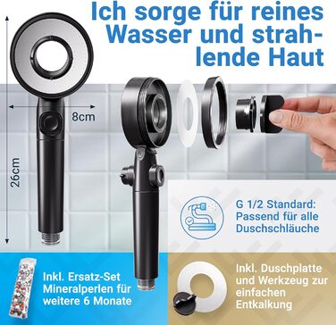 Душова лійка з фільтром 3 режими - включно з режимом підвищення тиску Економна душова лійка з мінеральними перлинами Ручна душова лійка, душова головка, душова насадка в чорному кольорі, включно з інструментом, запасними перлинами та матовою чорною панелл