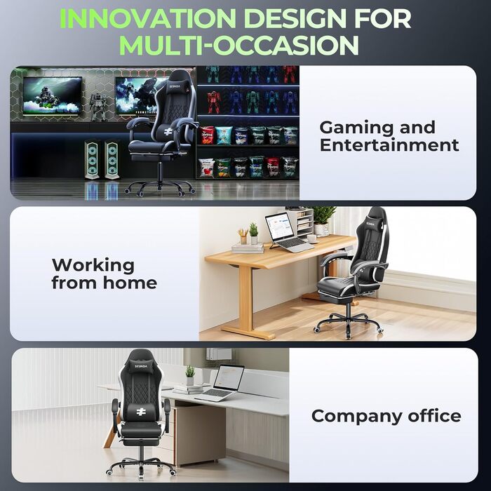 Ігрове крісло Seenda з тканинним кріслом для комп&39ютера з підставкою для ніг та поперековою опорою, регульована висота з підголівником, чорно-сіре