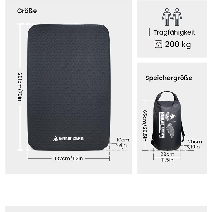 Самонадувальний надувний матрац з високим значенням R, надувне ліжко для 2 осіб, надувний матрац для гостей з мішком-насосом, для кемпінгу, подорожей та використання на свіжому повітрі (132 201 см)