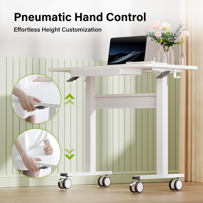 Комп&39ютерний стіл з пневматичним регулюванням висоти (88x50 см), стіл для ноутбука з колесами та шухлядою, стіл над ліжком, стіл для роботи сидячи та стоячи для офісу, вітальні, спальні, невеликих приміщень, білий