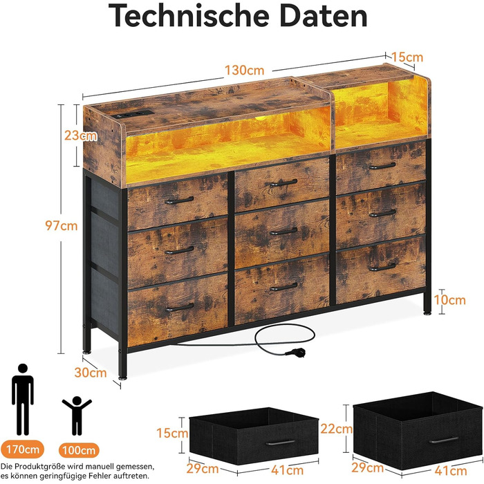 Комод ODK з висувними шухлядами, комод з 2 розетками, 2 USB-портами та 10 кольоровими світлодіодними стрічками, комод з полицею, стільниця з 9 тканинними шухлядами для спальні та вітальні, 130 * 30 * 97 см у ретро-стилі