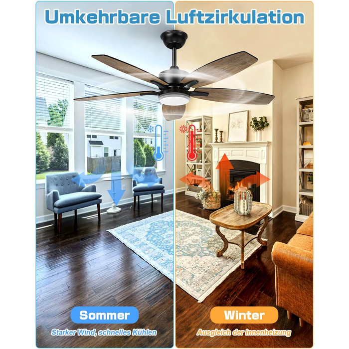 Стельовий вентилятор Airwit 106 см з підсвічуванням Двосторонні лопаті, Тихий стельовий вентилятор з підсвічуванням і пультом дист