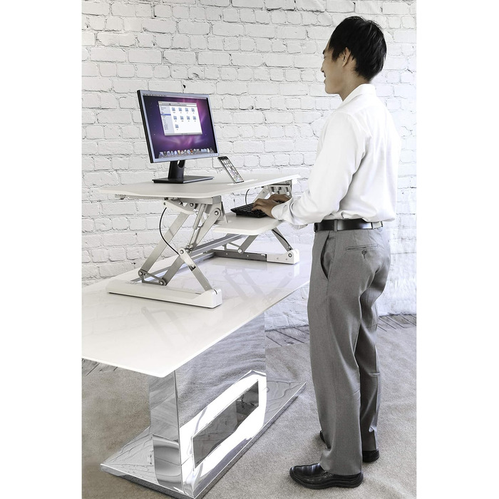 Стіл-конвертер Seville Classics 90 см з пневматичним регулюванням висоти сидячи-стоячи з газовою пружиною, металевий, білий 90 см x 59 см пневматичний білий
