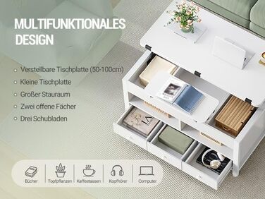 Журнальний столик Hzuaneri, стіл для вітальні з регульованою висотою, 3 шухлядами та 2 відділеннями, 50 100 47 см, журнальний столик з відділенням, що трансформується в обідній стіл, для вітальні, домашнього офісу, білий CT22203W