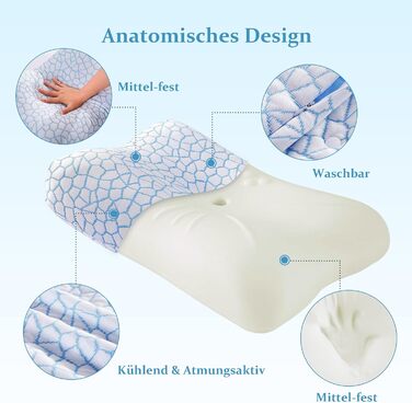 Ергономічна подушка Caviar Blue з піни з ефектом пам&39яті, 60x40 см, холодна на дотик, з різницею висоти 12/8 см, підтримка шиї для сну на спині та на боці, не волога, гарне відновлення, чохол, який можна прати, синій, 40 x 60 см