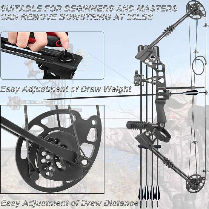 Набір мисливського складеного лука 20–70 lb для дорослих – регульований лук з повним комплектом аксесуарів для полювання, риболовлі, тренувань та стрільби по мішенях, для лівшів, чорний