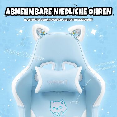 Миле ігрове крісло з поперековою подушкою у формі котячої лапи та котячими вушками, ергономічне ігрове крісло з підставкою для ніг, регульоване ігрове крісло для ПК для дівчаток, підлітків, дітей, синього кольору