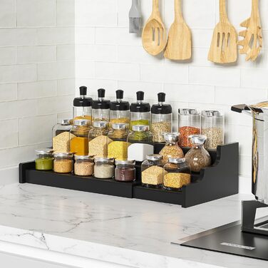 Рівнева висувна підставка для спецій, органайзер для спецій на місці, органайзер для банок для спецій, підставка для спецій для кухні, шафи (чорна), 3-