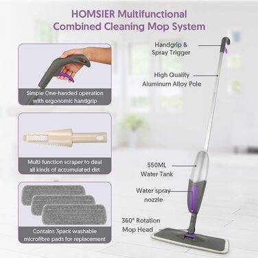 Швабра з функцією розпилення - HOMSIER Spray Mop Швабра для підлоги Швабра для швидкого прибирання з резервуаром для води 550 мл і