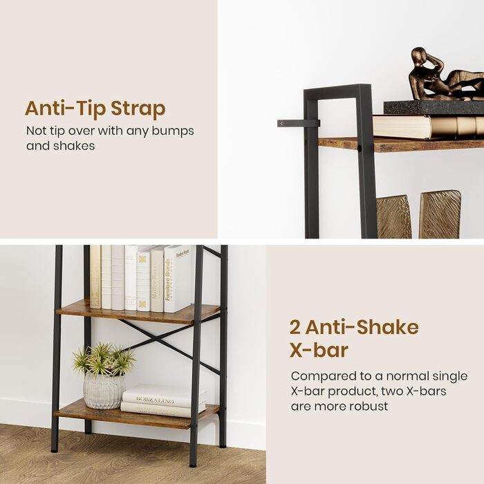 Дубова та чайна полиця, 5-ярусна книжкова шафа, окремостояча полиця, полиця-драбина, 172 см, відкриті вузькі полиці, сталевий каркас, промисловий дизайн, для офісу, кабінету, вітальні, спальні, вінтажний коричнево-чорний рустикальний коричневий