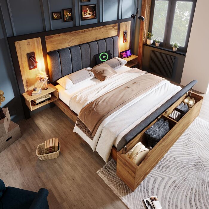 Двоспальне ліжко Kebnor з м&39якою поверхнею, комплект ліжка з лампою для читання та USB-портом, тумбочкою та лавкою для зберігання речей, каркас ліжка з рейковою основою з металу, дерева та льону, дуб (матрац не входить до комплекту) (180200 см) 180200 с