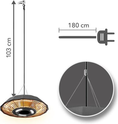 Інфрачервоний стельовий обігрівач TROTEC IR 2010 SC 2000 Вт, круговий обігрів 360, світлодіодне освітлення, захист від атмосферних впливів IP45, пульт дистанційного керування, алюмінієвий корпус, для патіо та ресторанів, 2000 Вт, чорний