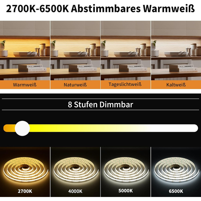 Світлодіодна стрічка PAUTIX COB CCT Теплий білий Холодний білий, 5M 3200 світлодіодів з можливістю затемнення 2700K-6500K 24V Набір світлодіодних стрічок з джерелом живлення та радіочастотним пультом дистанційного керування для спальні Кухня Телевізор Дзе