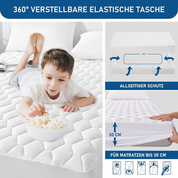 Наматрацник GRT Mattress Topper 140x200 см, водонепроникний наматрацник, дихаюча простирадла на ремені з шестикутною стьобаною прострочкою, виготовлена з безшумного матеріалу, білий 140 200 см, водонепроникний