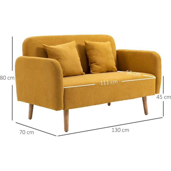 Місний диван HOMCOM з 2 декоративними подушками, невеликий двомісний диван з оксамитовою стільницею, сучасний м&39який диван для вітальні, спальні, невеликого простору, жовтий, 130 x 70 x 80 см, натуральнийжовтий, 2-