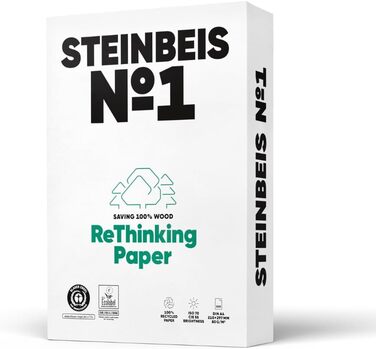 Папір для принтера Steinbeis No. 1 перероблений папір формату DIN A4 80 г/м, білий і без хлору, високоякісний копіювальний папір на 2500 (5 x 500) аркушів ISO 70 / CIE 55